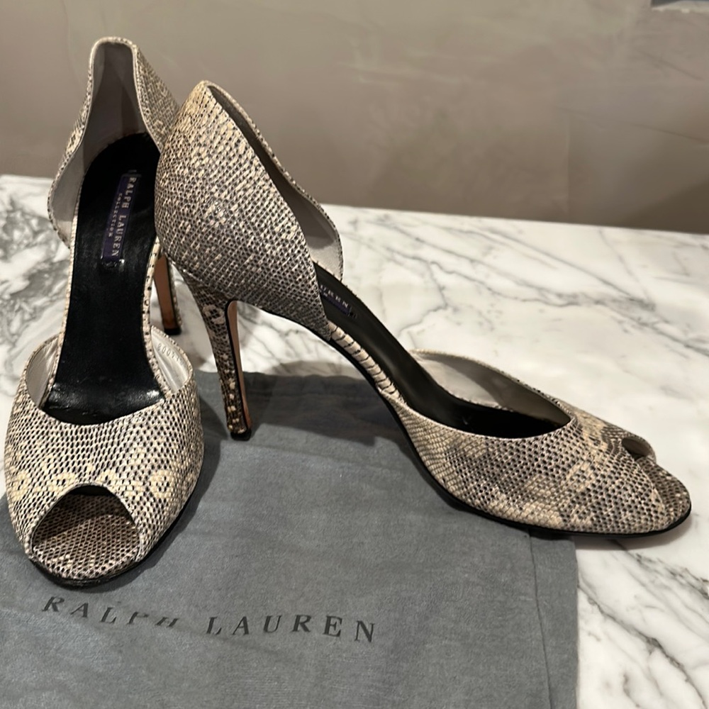 Snake skin Ralph Lauren Collection peep toe heels, gorgeous cream & dark gray